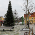 Vinterbild om än snöfattig av julgranen på Rönninge torg med nya bänkar och planteringar i förgrunden.
